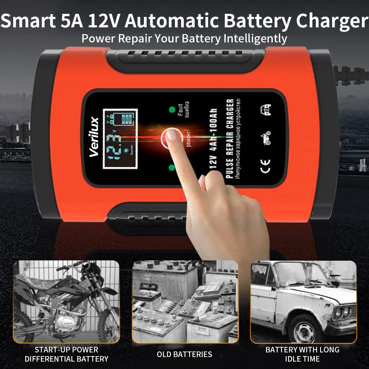 Verilux Fully Automatic Battery Charger 5A 12V, Car Battery Charger & Maintainer- EU Plugfor Car, Motorcycle, Lawn Mower and More(Red) Verilux Fully Automatic Battery Charger 5A 12V, Car Battery Charger & Maintainer- EU Plugfor Car, Motorcycle, Lawn Mower and More(Red)